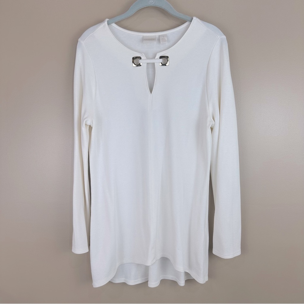 Chico's Off White Cream Keyhole Cut Out Tunic Blouse Top 1 Medium